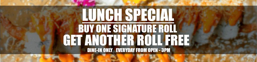 Banner for a lunch special offer on sushi, "Buy one, get one free" deal.